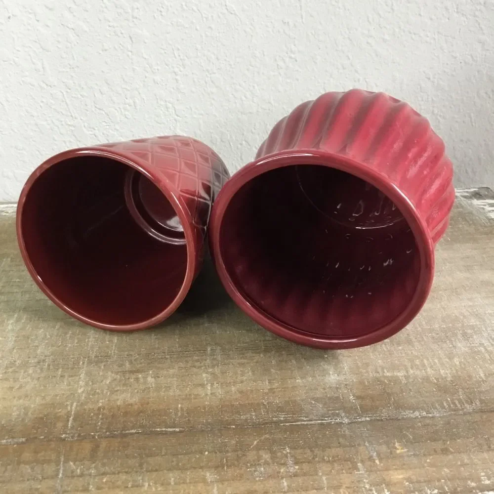 Planter bundle - two dark red planters one hobnail other geometric diamond pot